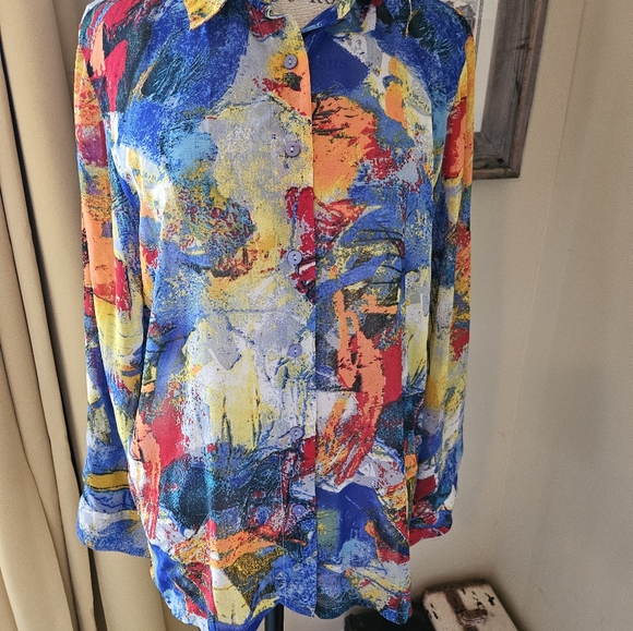 Vintage Blouse Modern Colorful Abstract Art Design Button up Long Sleeve - Picture 10 of 12